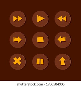 illustration of a set of cartoon comic wooden and ui game icons and buttons elements, with main user interface app functions