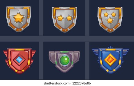  Illustration of a set of cartoon design warrior shields and  badges icons, made of stones and wood for ui game