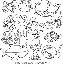 illustration, Set of cartoon fish with various shapes, underwater world, ocean fish - Vector set