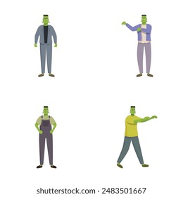 Illustration set of a cartoon frankenstein character in different outfits and poses