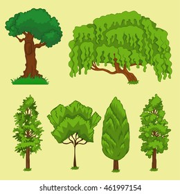 Illustration of a set of cartoon spring or summer forest trees. Forest Trees.