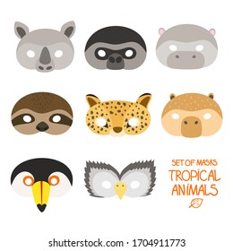 Illustration set of cartoon tropical animals carnival masks: rhino, gorilla, hippo, sloth, jaguar, copibara, toucan, hawk. children's mask for masquerade vector