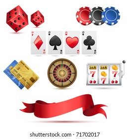 illustration of set of casino icons on isolated white background