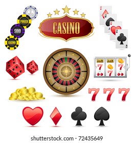 illustration of set of casino icons on isolated white background