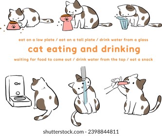 Illustration set of cats eating and drinking