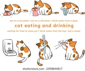 Illustration set of cats eating and drinking