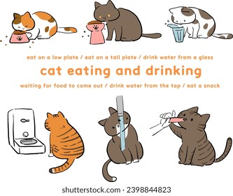 Illustration set of cats eating and drinking