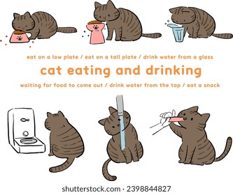Ilustración de gatos comiendo y bebiendo