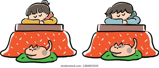  Illustration set of cats, women and men sleeping in a kotatsu (on a desk)