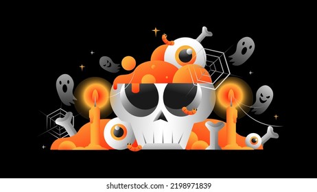 Illustration set of celebrating Halloween elements in gradient color for banner, poster greeting cards, party invitation, advertising, or social media content