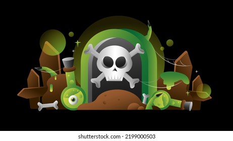 Conjunto de ilustraciones de celebración de elementos de Halloween en color degradado para banner, tarjetas de felicitación de afiches, invitaciones a fiestas, publicidad y contenido de medios sociales