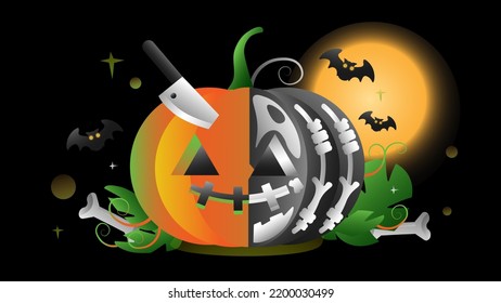 Illustrationen zum Feiern von Halloween-Elementen in Farbverlauf-Farbe für Banner, Grußkarten, Partyeinladungen, Werbung und Social-Media-Inhalte. Das Hauptkonzept ist die Anatomie von Kürbis.