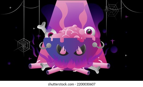 Illustration set of celebrating Halloween elements in gradient color for banner, poster greeting cards, party invitation, advertising, and social media content. The main concept is witch pot
