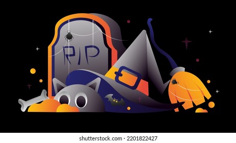 Illustration set of celebrating Halloween elements in gradient color for banner, poster greeting cards, party invitations, advertising, and social media content. The main concept is a magical power