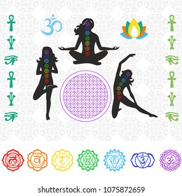 illustration - set of chakras on the theme of meditation and yoga.