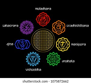 illustration - set of chakras on the theme of meditation and yoga.