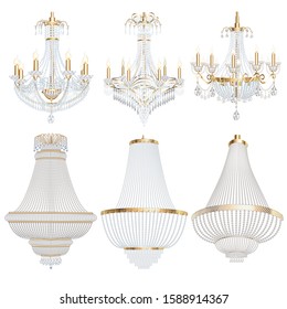 Illustration of a set of chandelier lamps fixtures with crystal pendants on a white background