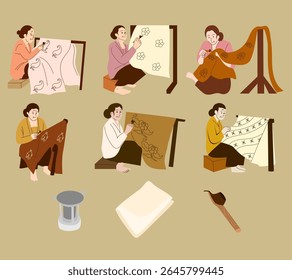 Illustration set of characters making handmade batik on fabric for Batik Day. Great for cultural education, DIY crafts, and Indonesian heritage themes.