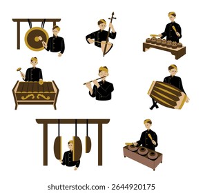 Illustration set of characters playing traditional Javanese gamelan instruments, features cultural attire and authentic musical poses. Ideal for educational content, cultural promotion, and
