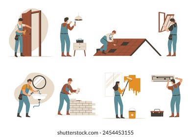 Illustration set of characters repair home. Door Installation, window fixing, plumber repair, painting of the wall, air conditioner service. Flat illustration set