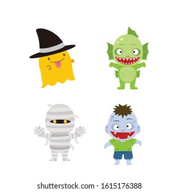 Illustration set of characters wearing different monster halloween costumes.