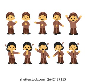 An illustration set of characters wearing Javanese traditional outfits in various poses, perfect for cultural themes, educational content, and Indonesian heritage projects.