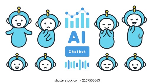 Ilustración de chatbot AI con diversas expresiones faciales.