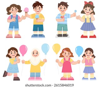 Illustration set of cheerful children sharing with each other