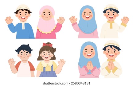 Illustration set of cheerful children waving hands