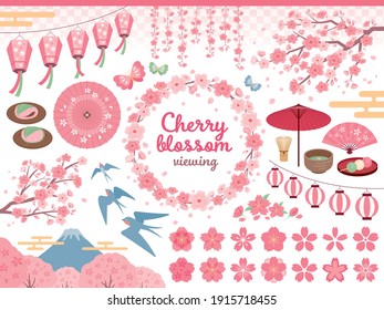 Illustration set of cherry blossom viewing and tea ceremony in spring