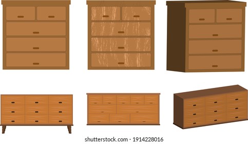 Illustration set of chest of drawers seen from various angles