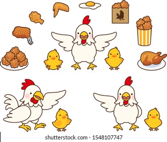 Illustration set of chickens, chicks and various chicken dishes