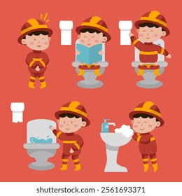 Illustration set of a child wearing a firefighter uniform demonstrating toilet training.