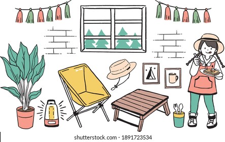 Illustration set of children eating food indoors and camping gear