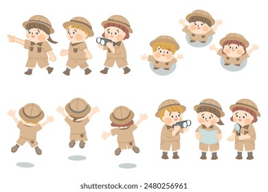 Illustration set of children in explorer clothes.