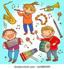 Illustration SET of Children and Musical instruments . Children illustration for School books, pictures book, magazines, advertising and more. Separate Objects. VECTOR.