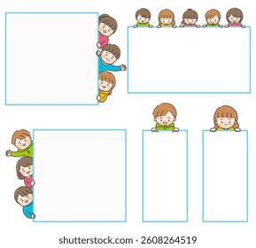 Illustration set of children peeking out from a message board.
