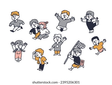Illustration set of children playing cheerfully, comical hand-drawn figures vector, color on line drawing