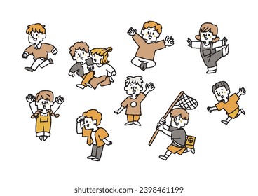 Illustration set of children playing cheerfully, comical hand-drawn figures vector, color on line drawing