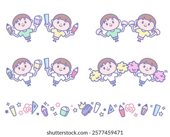 Illustration set of children and stationery seen from diagonally above_blue line