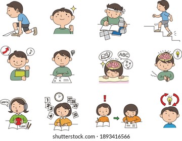 Illustration set of children studying