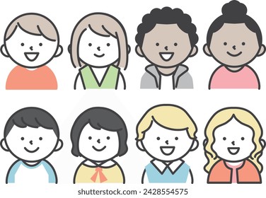 An illustration set of children from various countries around the world. upper body with smiling expression.