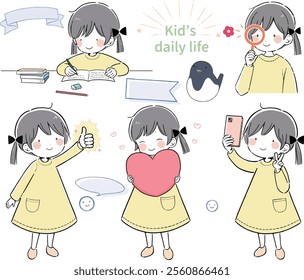 Illustration set of children.Cute girl daily life variation set.Vector is illustration in hand drawn style