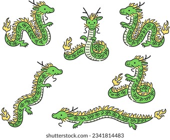 Illustration set of Chinese style green dragons in various poses