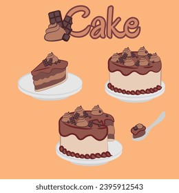 illustration set of chocolate cake in three different shapes