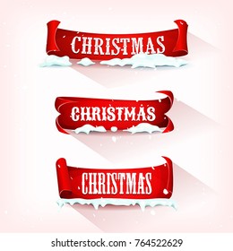 Illustration of a set of christmas banners on red parchment scroll, with ice and snow for winter holidays