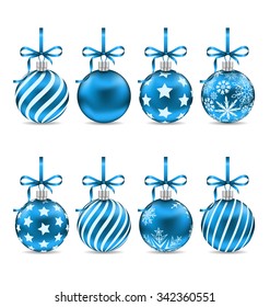 Illustration Set Christmas Blue Shiny Balls with Bow Ribbons and Different Textures, Isolated on White Background - Vector