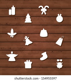 Illustration set Christmas design elements on wooden texture - vector