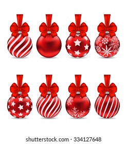 Illustration Set Christmas Red Glassy Balls with Bows and Different Textures, Isolated on White Background - Vector