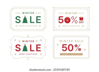 An illustration set of 'Christmas Sale' related icons and typography combinations within a classic line border frame.